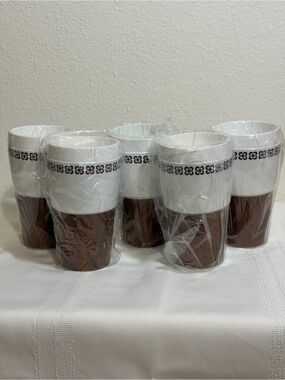 5 Pc Vintage Insulated Thermoware Daisy Faux Wood Brown Plastic Tumbler Cups NEW